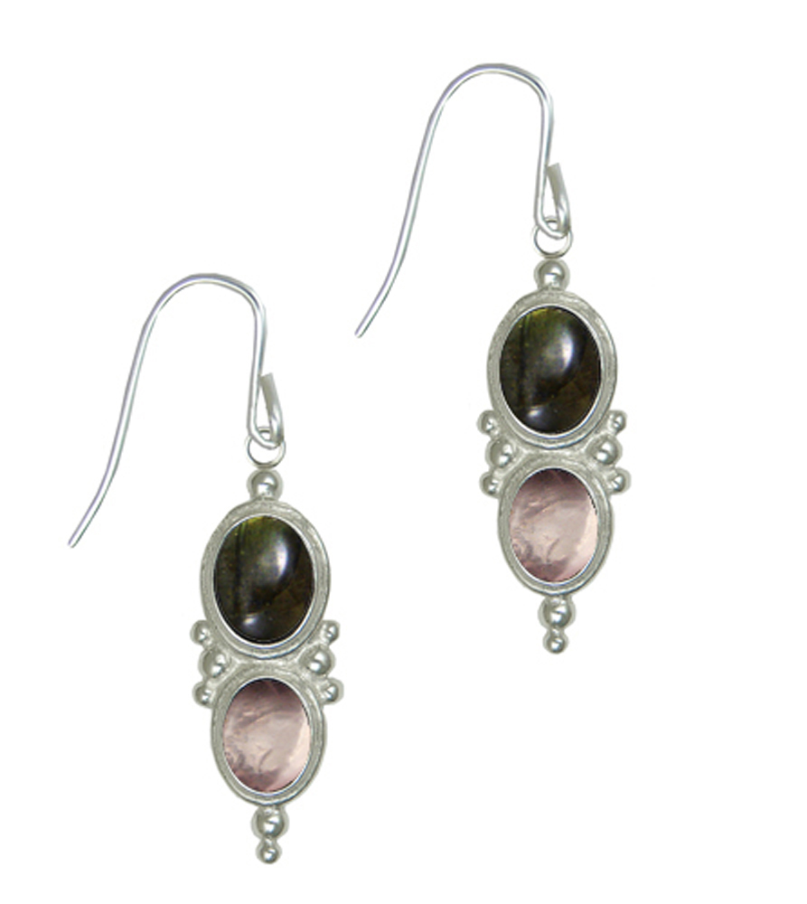 Sterling Silver Drop Dangle Earrings With Spectrolite And Rose Quartz